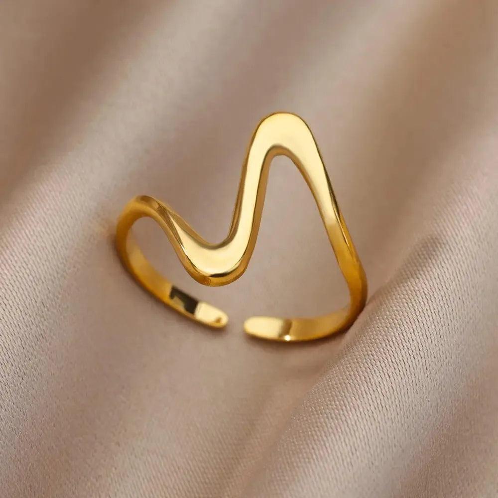 Anel Dourado Geométrico Vintage com Onda em Aço Inoxidável - Ravelle Luxe