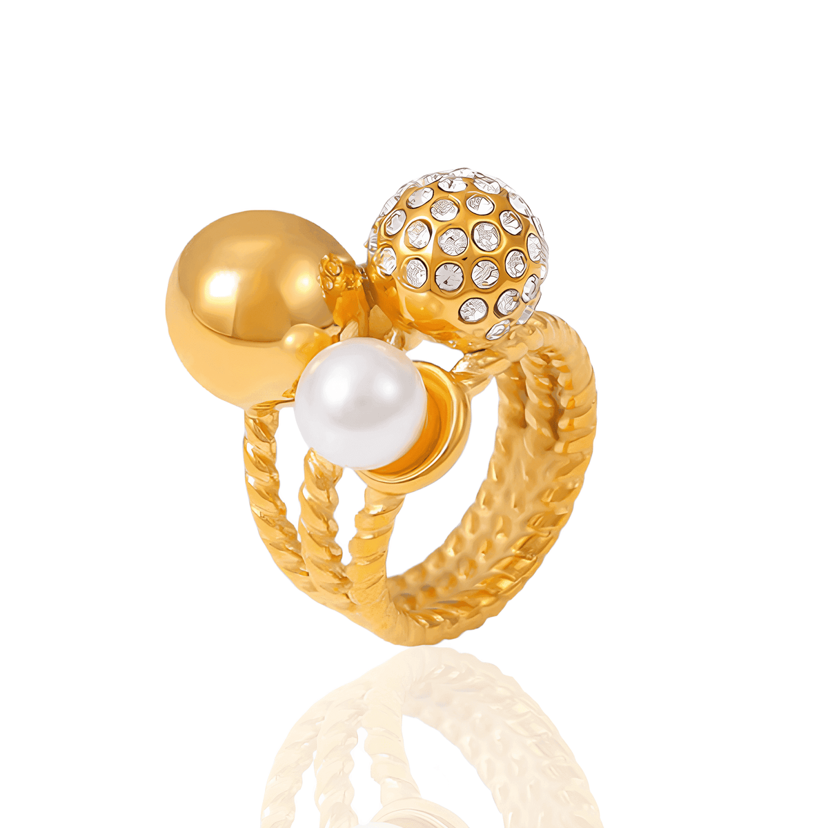 Anel Dourado Trilogia Perolada Banhado em Ouro 18k - Ravelle Luxe