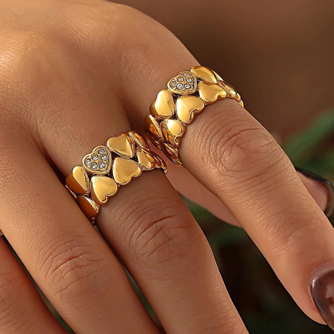 Anel Dourado de Corações 2 Camadas Banhado em Ouro 18k - Ravelle Luxe