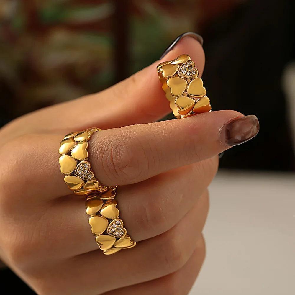 Anel Dourado de Corações 2 Camadas Banhado em Ouro 18k - Ravelle Luxe
