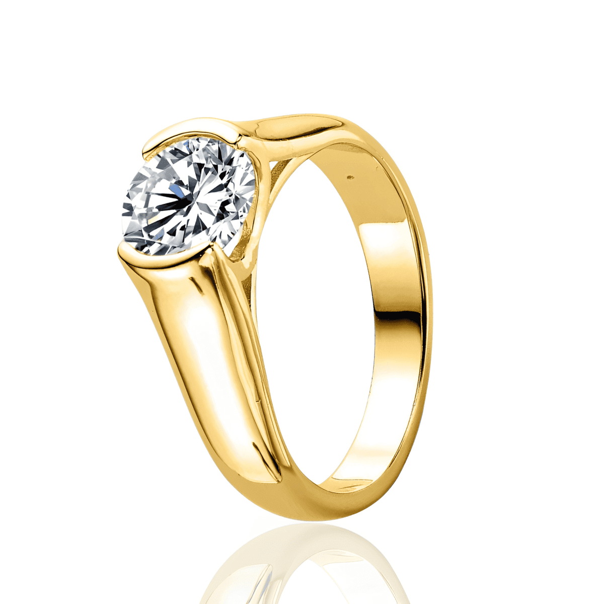 Anel Dourado de Noivado Clássico com Moissanita Redonda Banhado em Ouro 18K - Ravelle Luxe