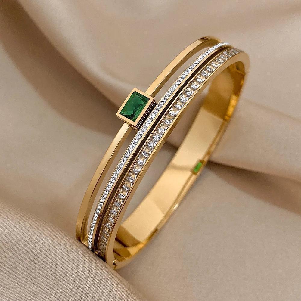 Bracelete Dourado Esmeralda Geométrica Banhado em Ouro - Ravelle Luxe