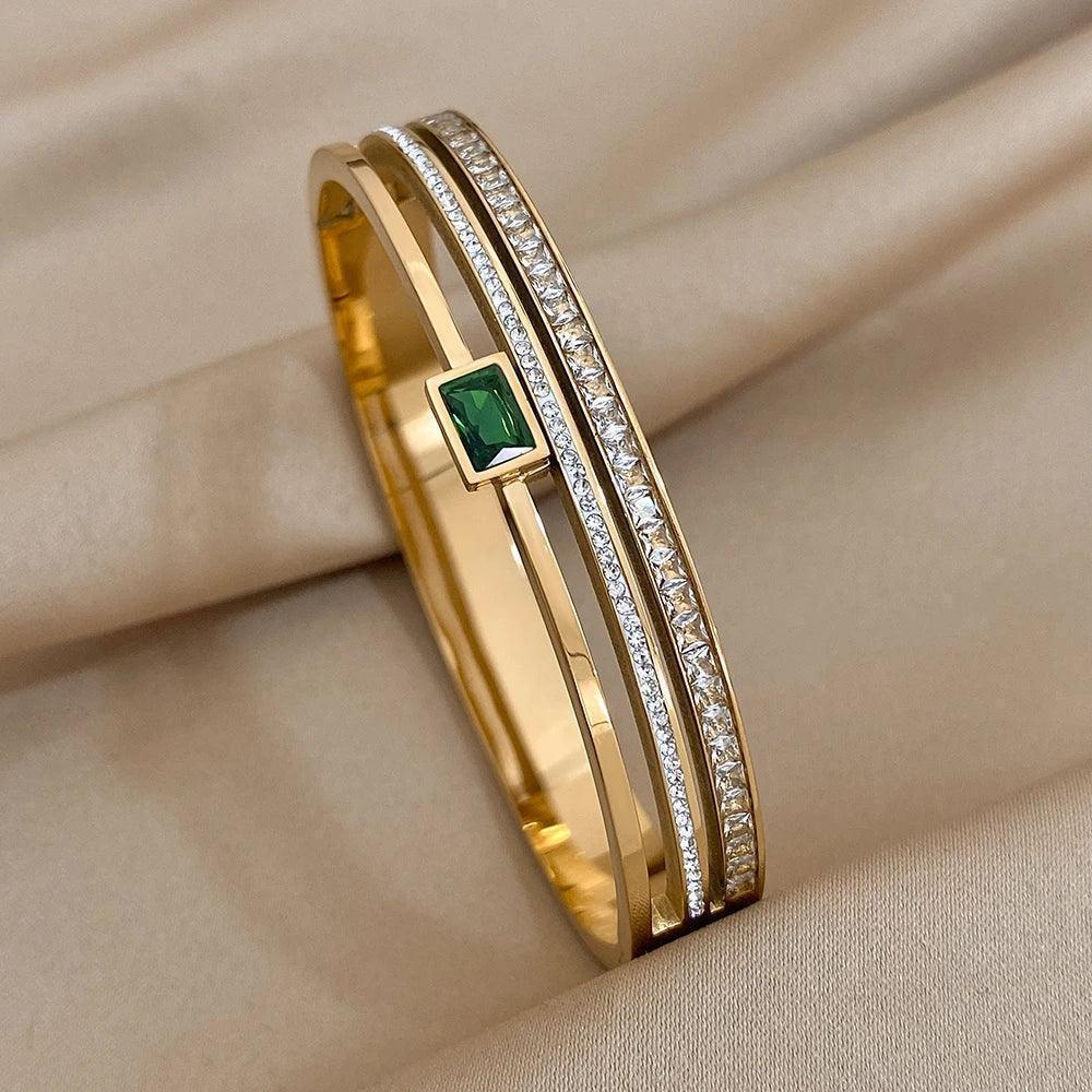 Bracelete Dourado Esmeralda Geométrica Banhado em Ouro - Ravelle Luxe