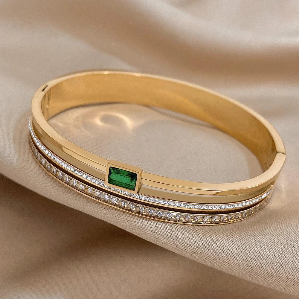 Bracelete Dourado Esmeralda Geométrica Banhado em Ouro - Ravelle Luxe