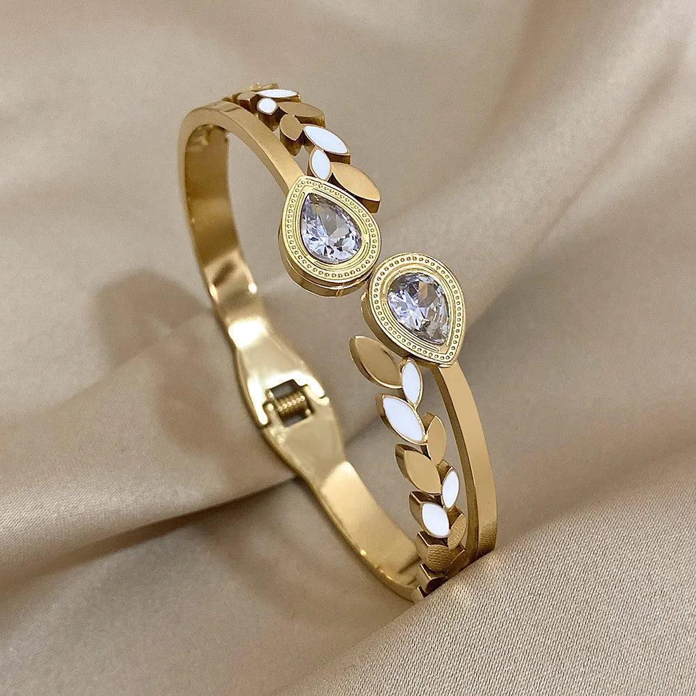 Bracelete Dourado Folhas Esmaltadas Banhado em Ouro - Ravelle Luxe