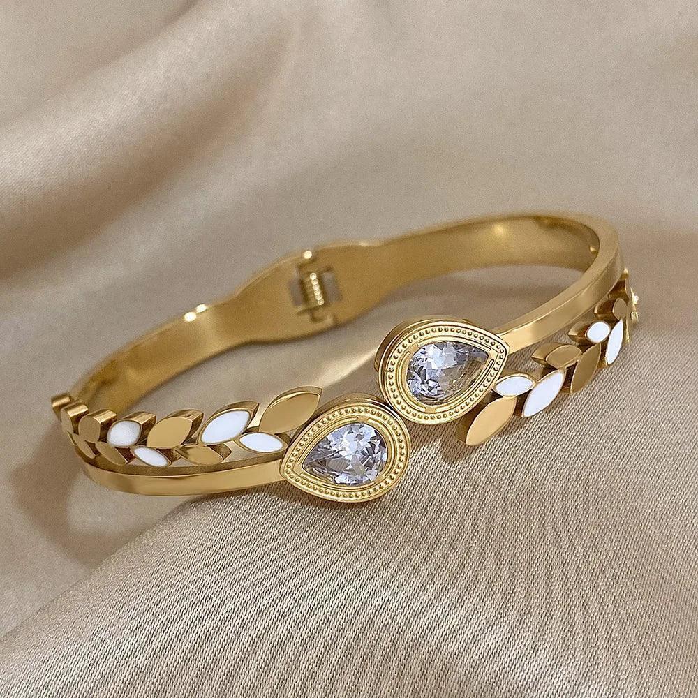 Bracelete Dourado Folhas Esmaltadas Banhado em Ouro - Ravelle Luxe
