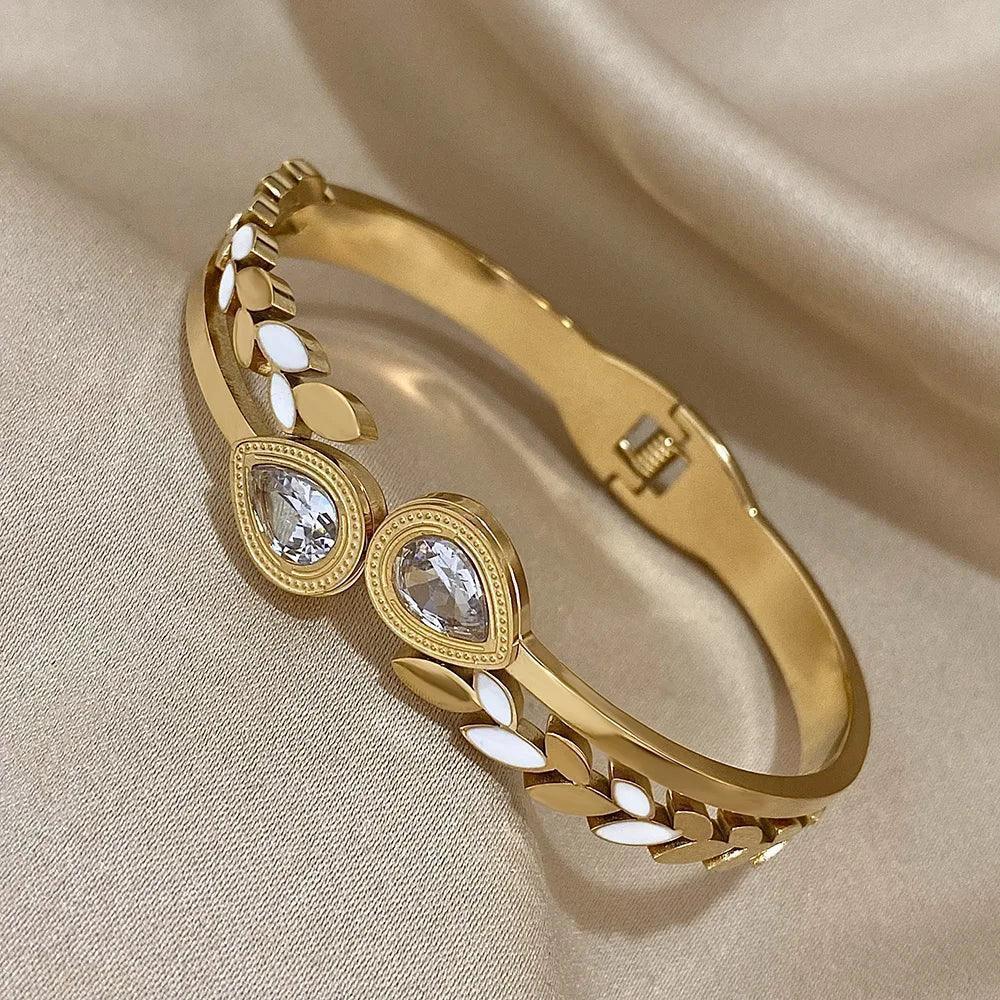Bracelete Dourado Folhas Esmaltadas Banhado em Ouro - Ravelle Luxe