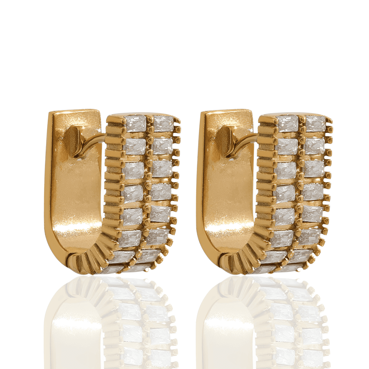 Brinco Dourado Argola Formato U com Zircônia Cúbica Banhado a Ouro 18K - Ravelle Luxe