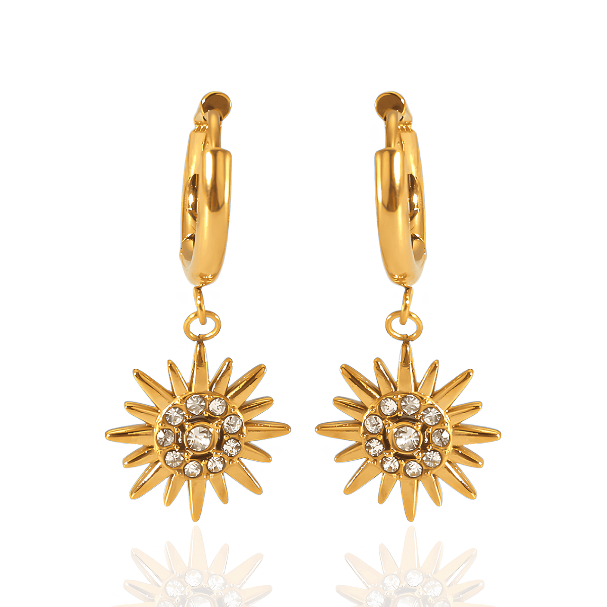 Brinco Dourado Flor Girassol de Zirconia Banhado em Ouro 18k - Ravelle Luxe