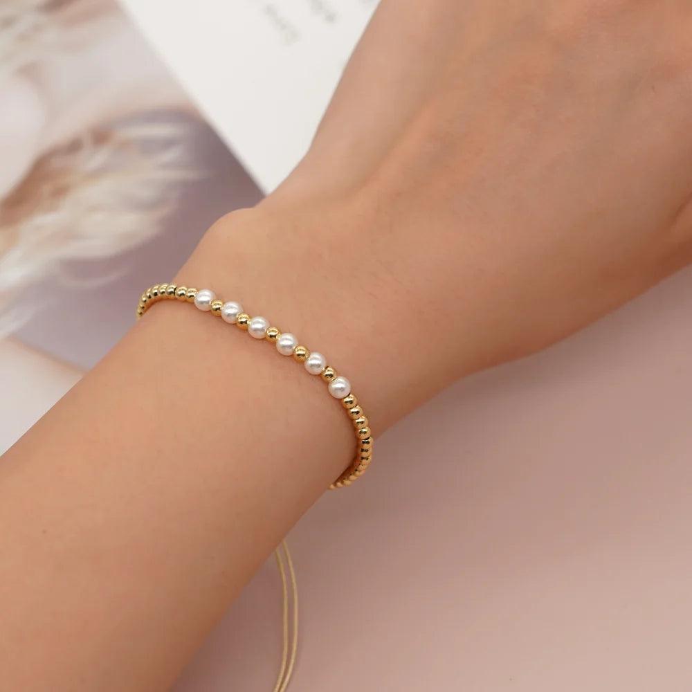 Pulseira Dourada Pequenas Esferas e Pérolas Redondas Banhada a Ouro - Ravelle Luxe