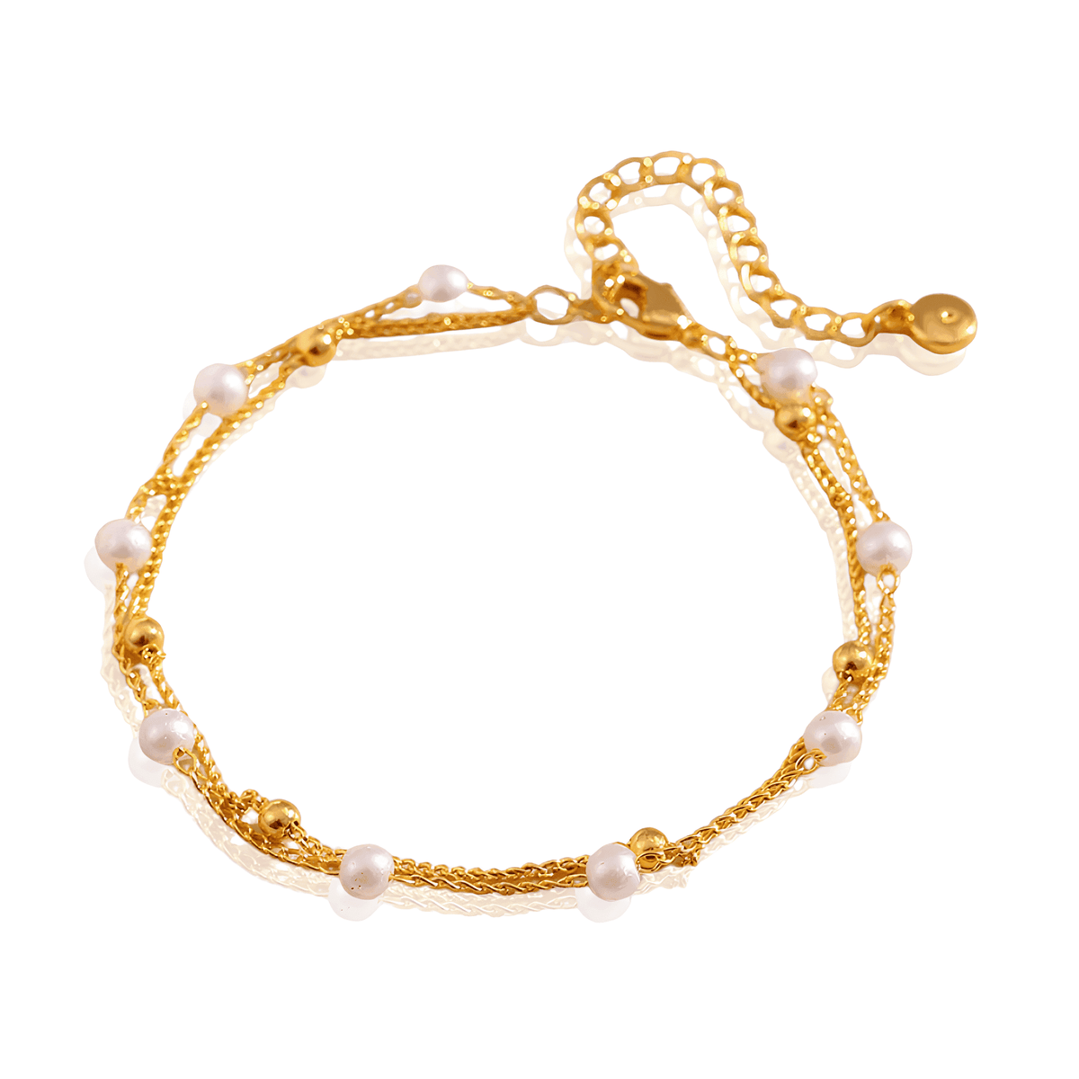 Pulseira Dourada de Dupla Cadeia com Pérolas e Banhada em Ouro 18K - Ravelle Luxe