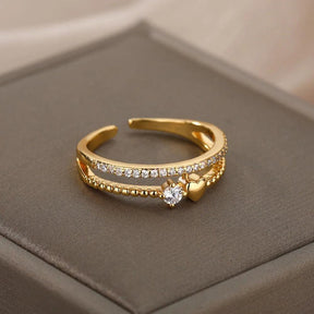 Anel Dourado Coração Duplo com Zircônia Banhado em Ouro - Ravelle Luxe