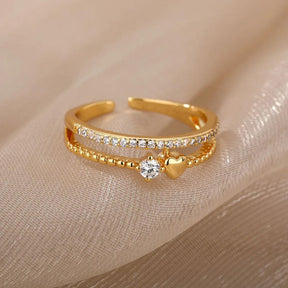 Anel Dourado Coração Duplo com Zircônia Banhado em Ouro - Ravelle Luxe