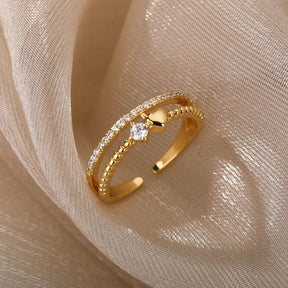 Anel Dourado Coração Duplo com Zircônia Banhado em Ouro - Ravelle Luxe