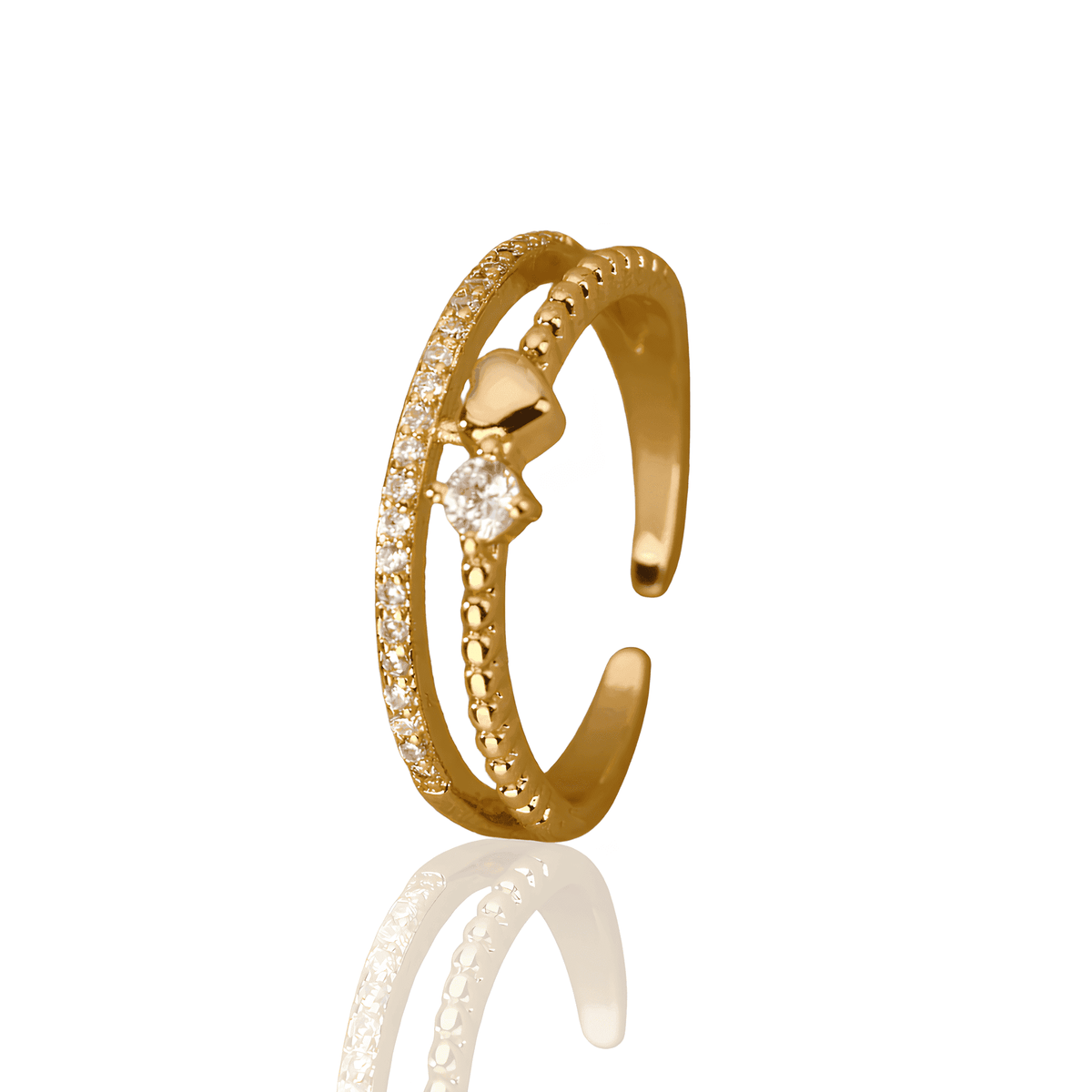 Anel Dourado Coração Duplo com Zircônia Banhado em Ouro - Ravelle Luxe