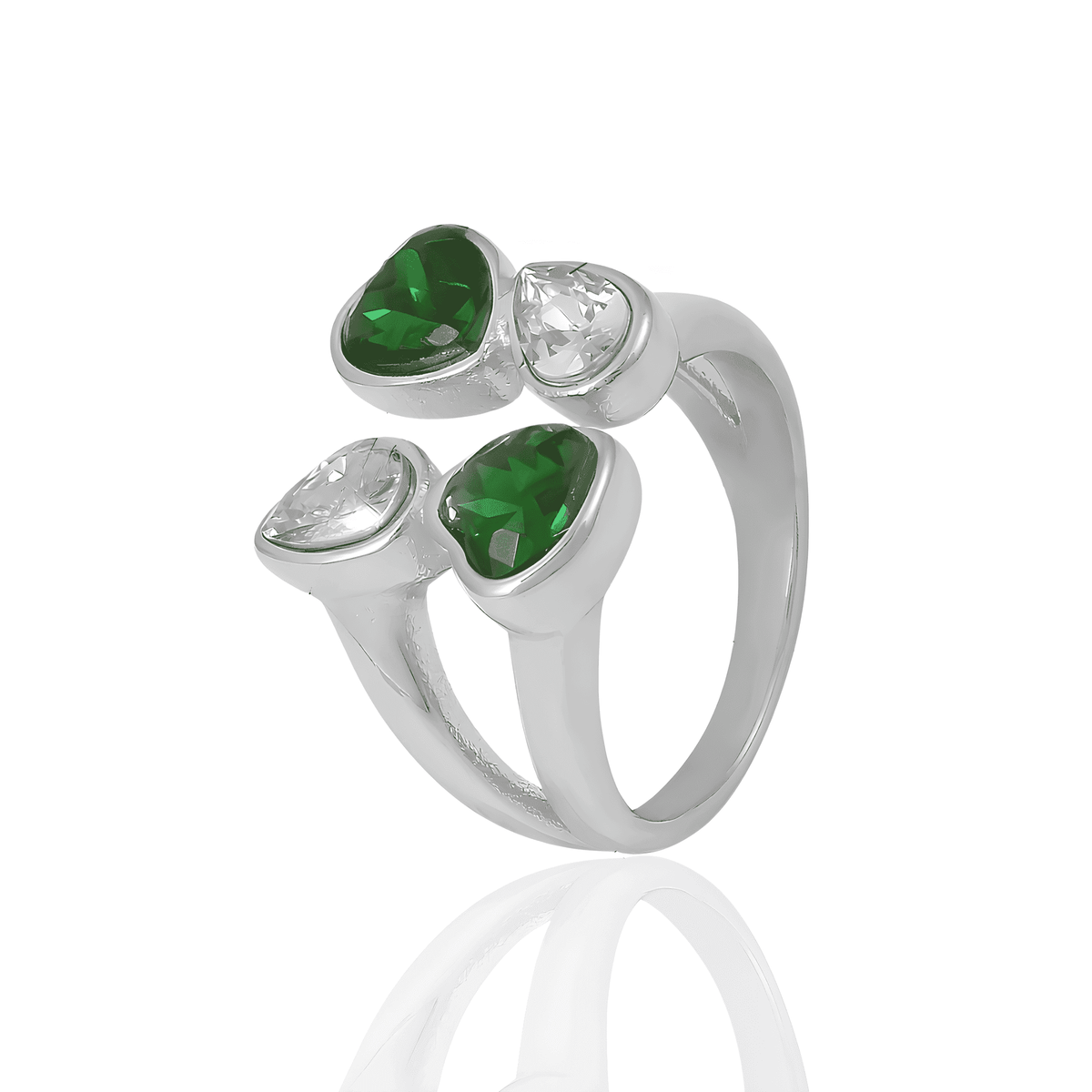 Anel de Corações Verde e Branco Banhado em Prata Esterlina 925 - Ravelle Luxe