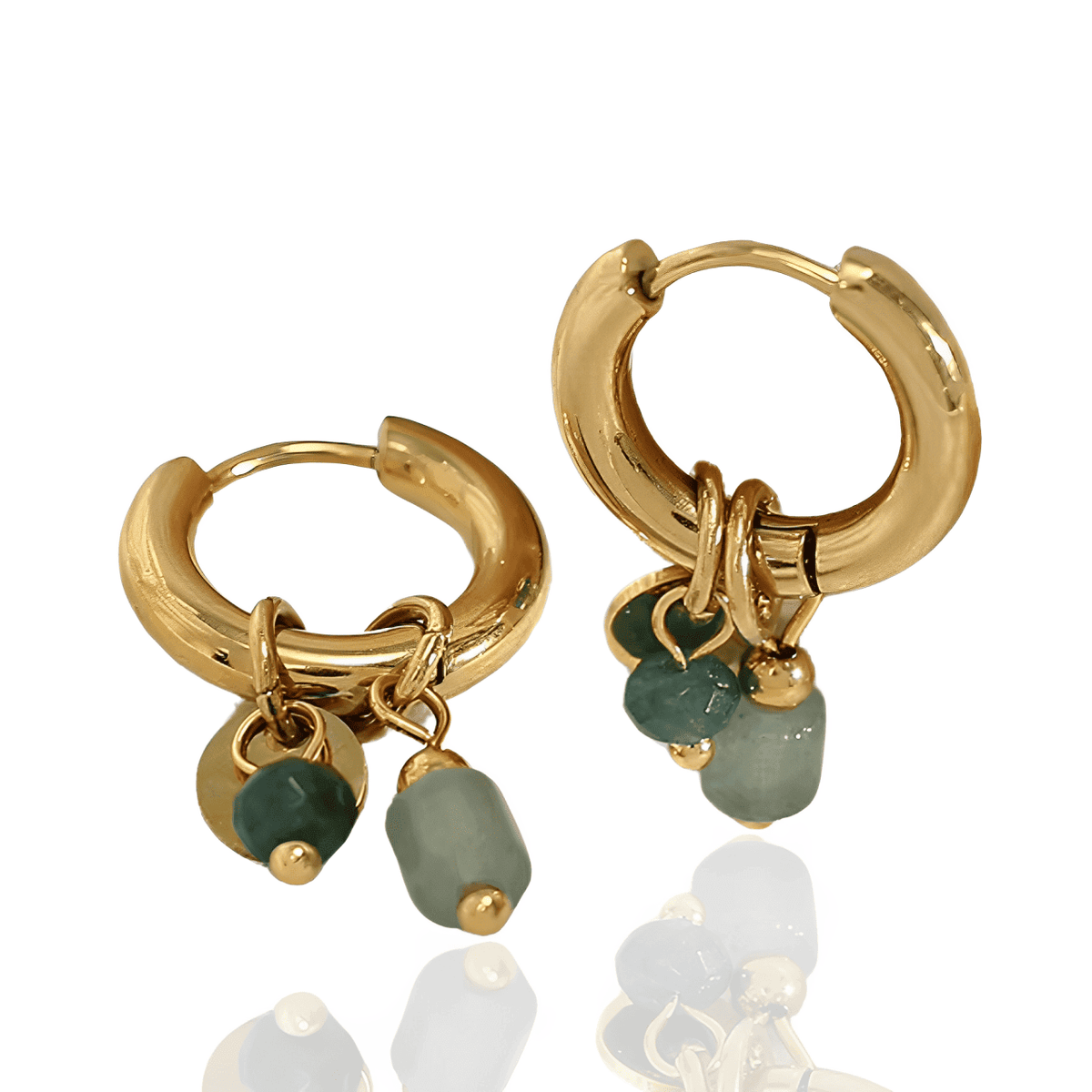 Brinco Dourado Argola Vintage com Pedra Verde Natural Banhado a Ouro 18K - Ravelle Luxe