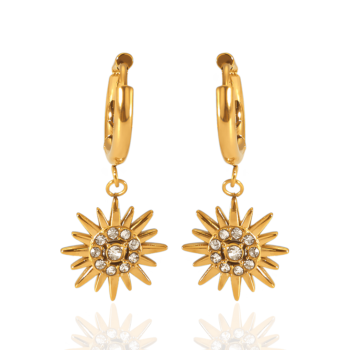 Brinco Dourado Flor Girassol de Zirconia Banhado em Ouro 18k - Ravelle Luxe