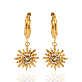 Brinco Dourado Flor Girassol de Zirconia Banhado em Ouro 18k - Ravelle Luxe
