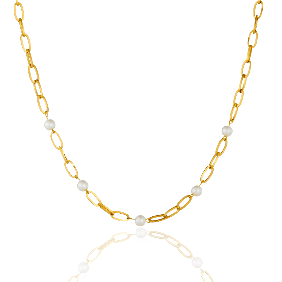 Colar Dourado Corrente Retangular com Pérolas em Aço Inoxidável - Ravelle Luxe