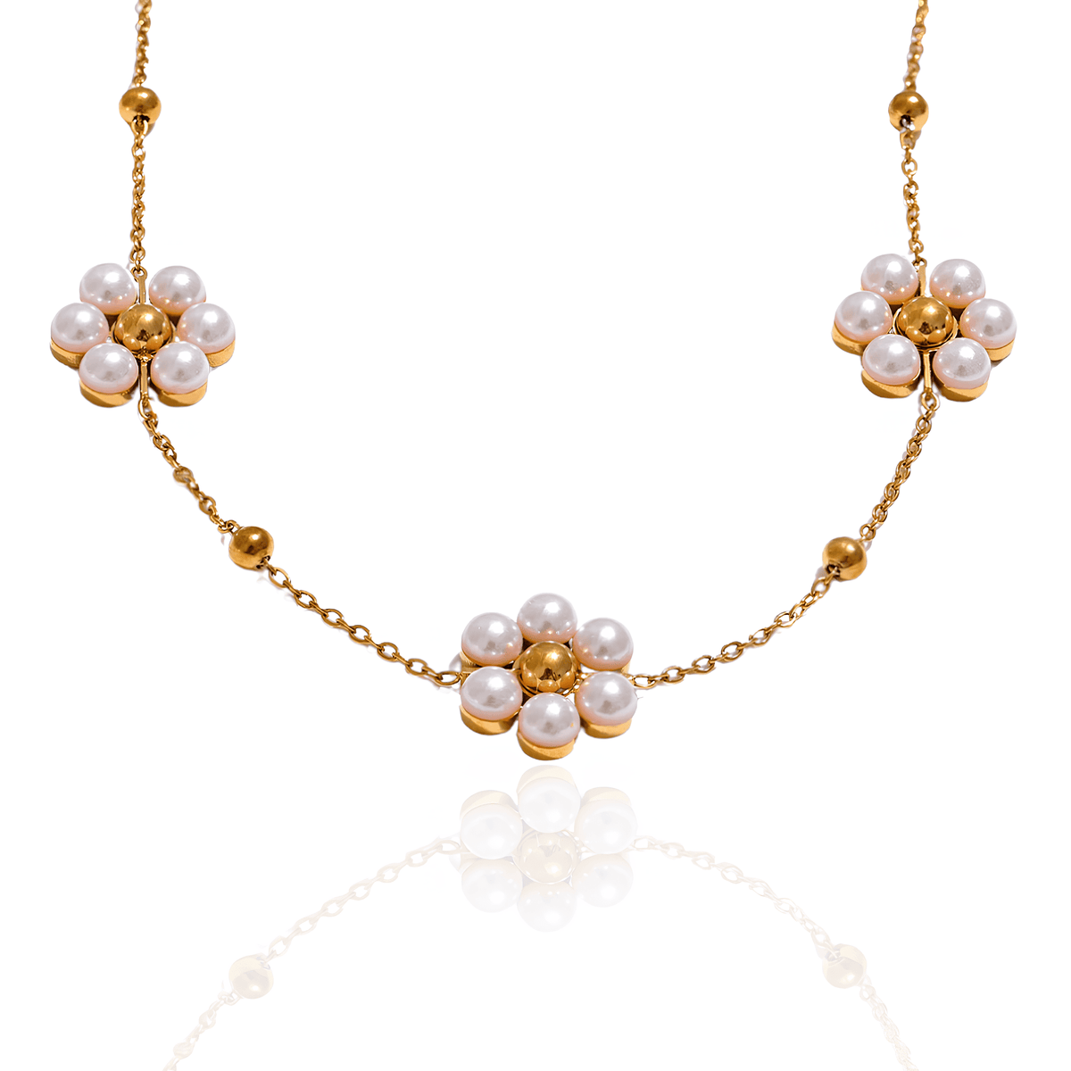 Colar Dourado Flores com Pérolas em Aço Inoxidável - Ravelle Luxe