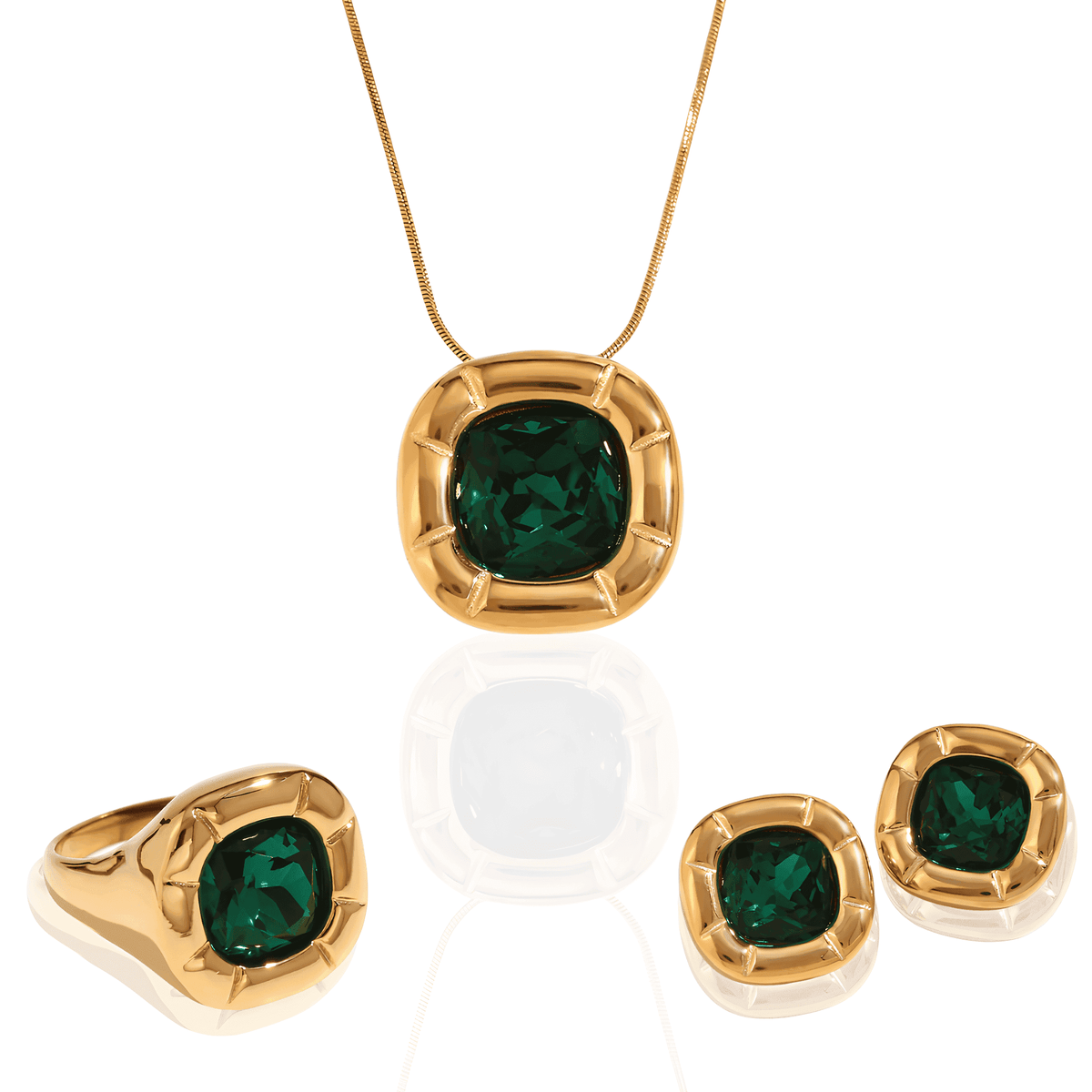 Conjunto de Colar, Anel e Brincos Dourado com Zircônia Verde Banhado em Ouro 18K - Ravelle Luxe