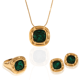 Conjunto de Colar, Anel e Brincos Dourado com Zircônia Verde Banhado em Ouro 18K - Ravelle Luxe