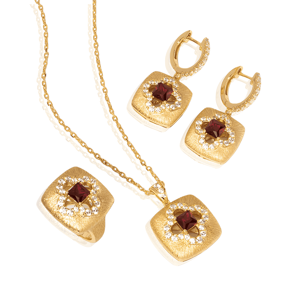 Conjunto de Colar, Anel e Brincos Quatro Folhas com Rubi em Prata Esterlina 925 Banhado em Ouro - Ravelle Luxe