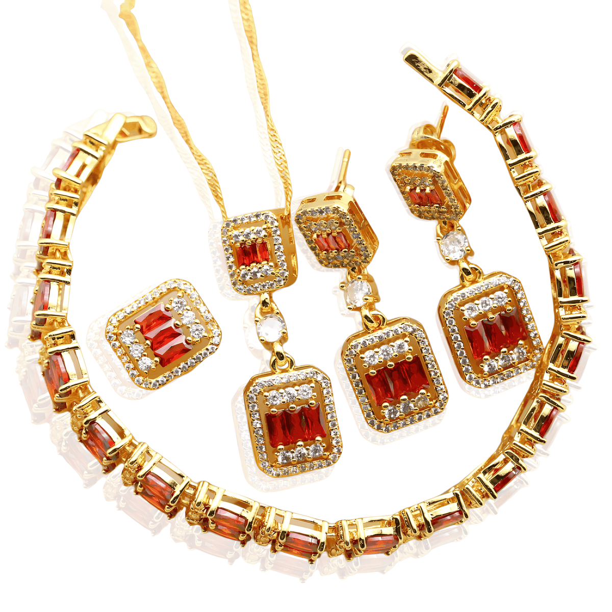 Conjunto de Colar, Brincos, Bracelete e Anel Dourado com Zircônia Vermelha Banhado em Ouro 18k - Ravelle Luxe