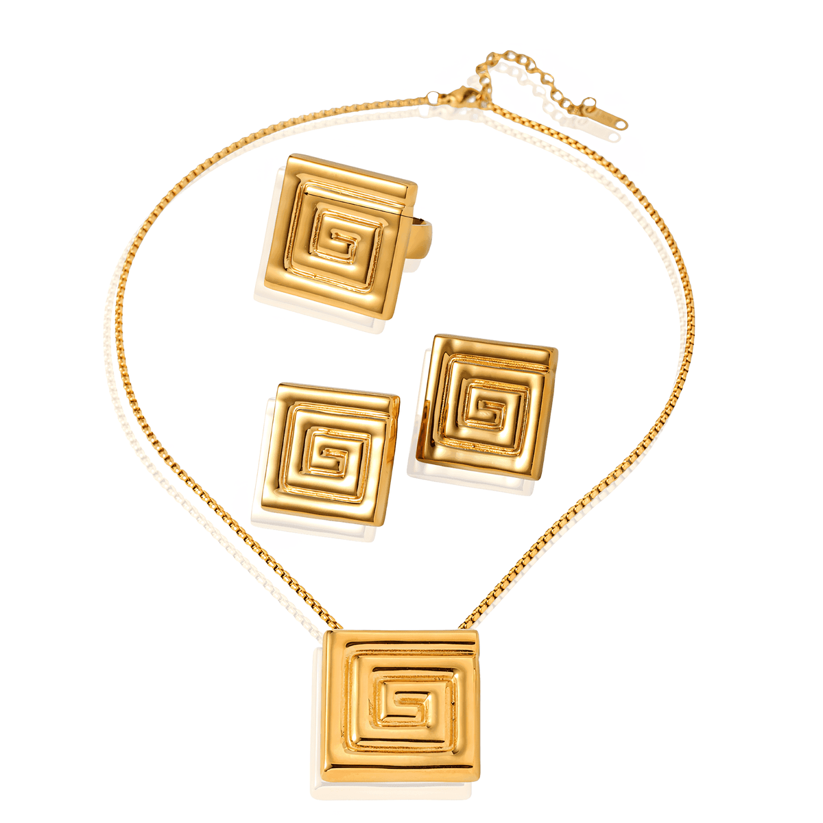 Conjunto de Colar, Brincos e Anel Dourado Espiral Minimalista Banhado em Ouro 18K - Ravelle Luxe