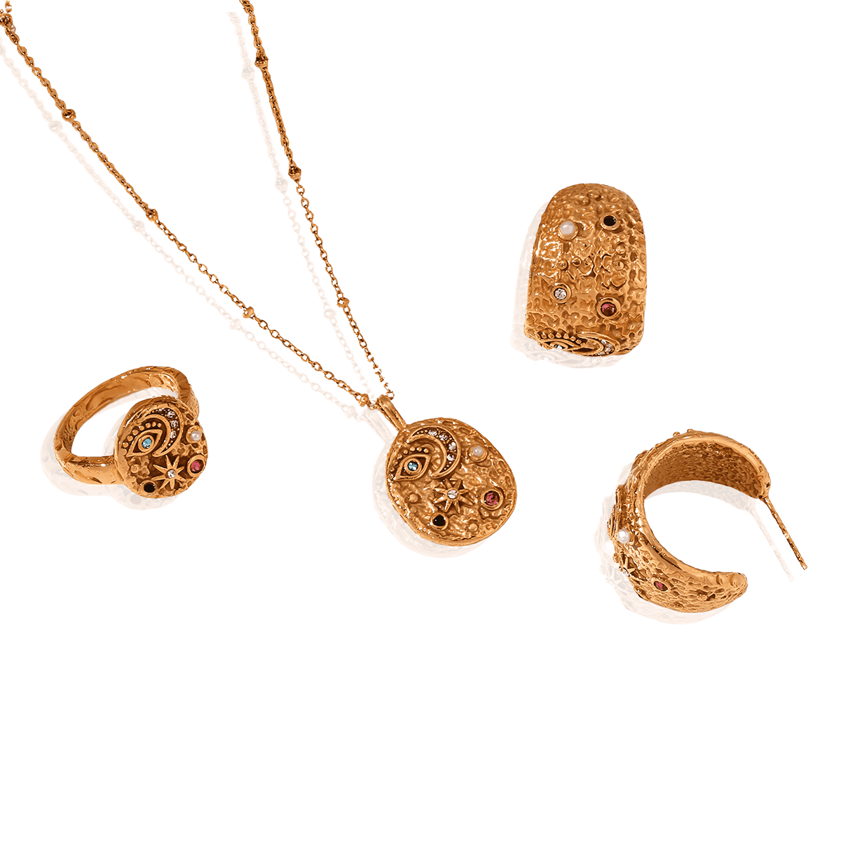 Conjunto de Colar, Brincos e Anel Dourado Estrela e Lua Banhado em Ouro 18K - Ravelle Luxe