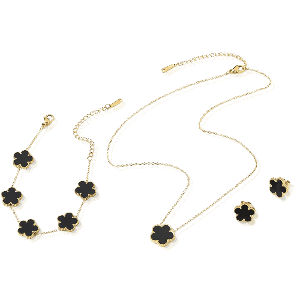 Conjunto de Colar, Brincos e Pulseira Dourado Trevo de 5 Folhas Banhado em Ouro 14K - Ravelle Luxe