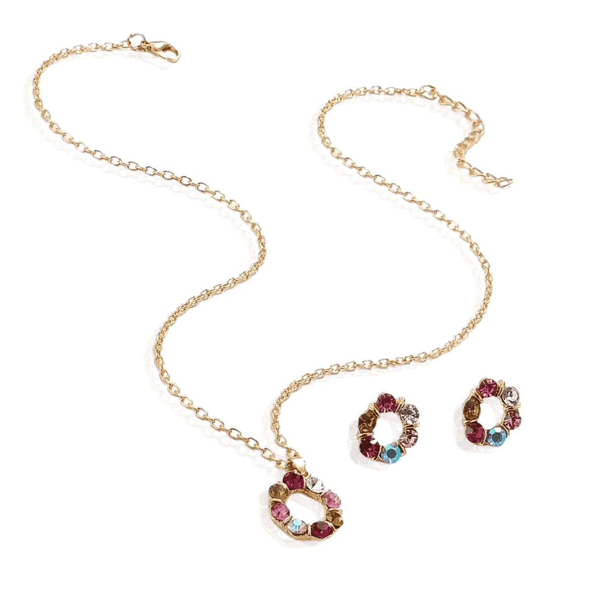 Conjunto de Colar e Brincos Dourado com Vidro Colorido Banhado em Ouro - Ravelle Luxe