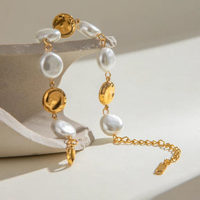 Pulseira Dourada Pérolas Chapadas Banhada a Ouro 18K - Ravelle Luxe