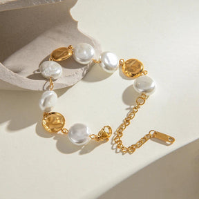 Pulseira Dourada Pérolas Chapadas Banhada a Ouro 18K - Ravelle Luxe